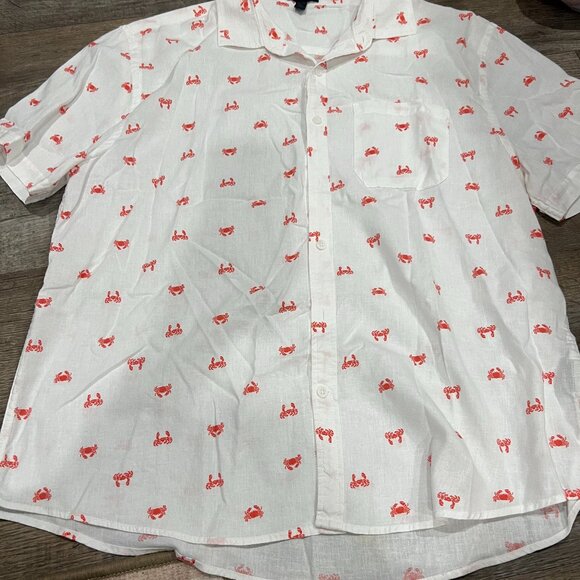 Magaschoni White Linen Viscose Shirt Red Crab Print Short Sleeve Size XL - Picture 1 of 8